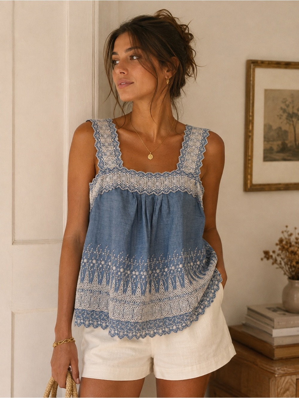 Gap 1969 Embroidered Chambray Eyelet Babydoll Tank Top Blue L Cottagecore Boho